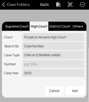 Add case screen in Court Assistant